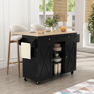Barn Door Kitchen Island Table with Storage Cab