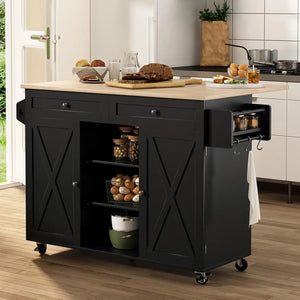 Barn Door Kitchen Island Table with Storage Cab